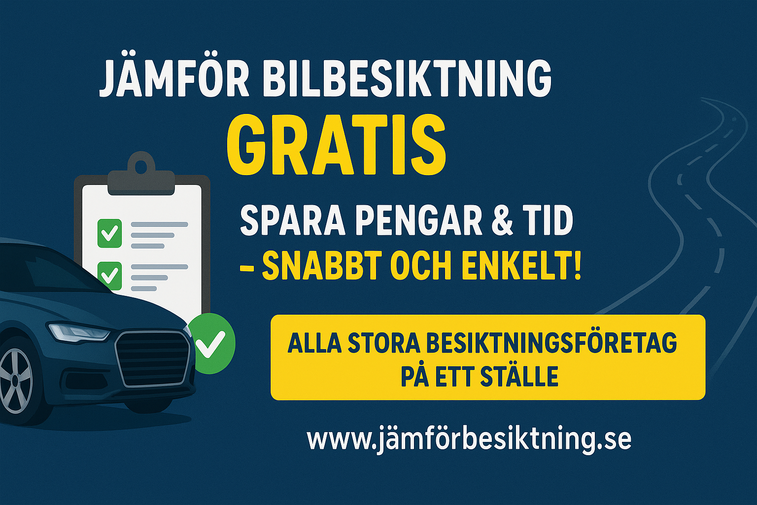 JämförBesiktning.se annonsbanner - Jämför tider och priser för bilbesiktning från alla stora besiktningsföretag i Sverige.
